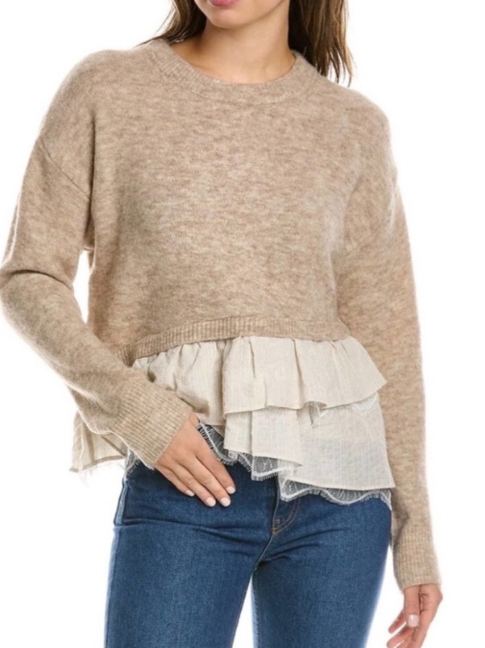 Cinq a Sept Ruffle Hem Atlas Pullover Sweater Wool Blend Cream Tan Medium